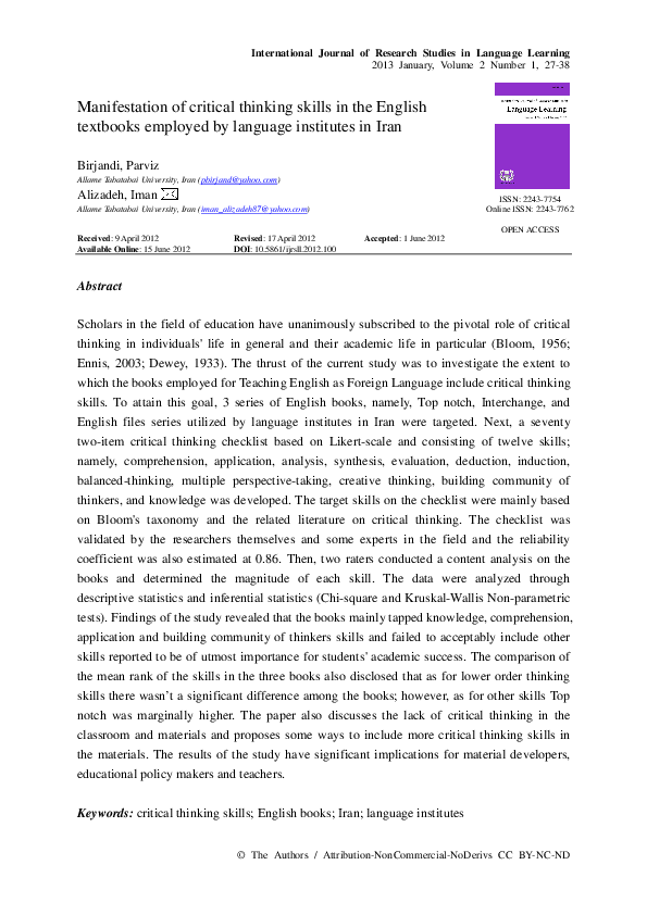 (PDF) Manifestation of critical thinking skills in the English ...