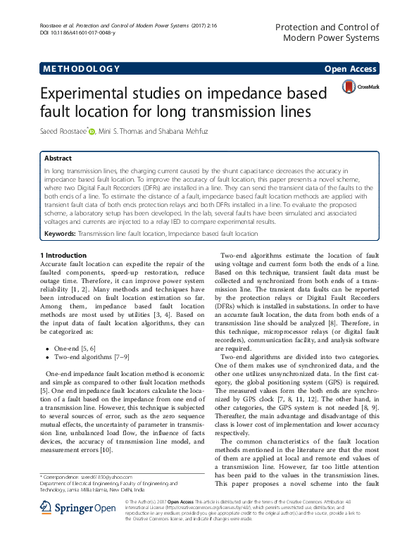 (PDF) Experimental studies on impedance based fault location for long ...
