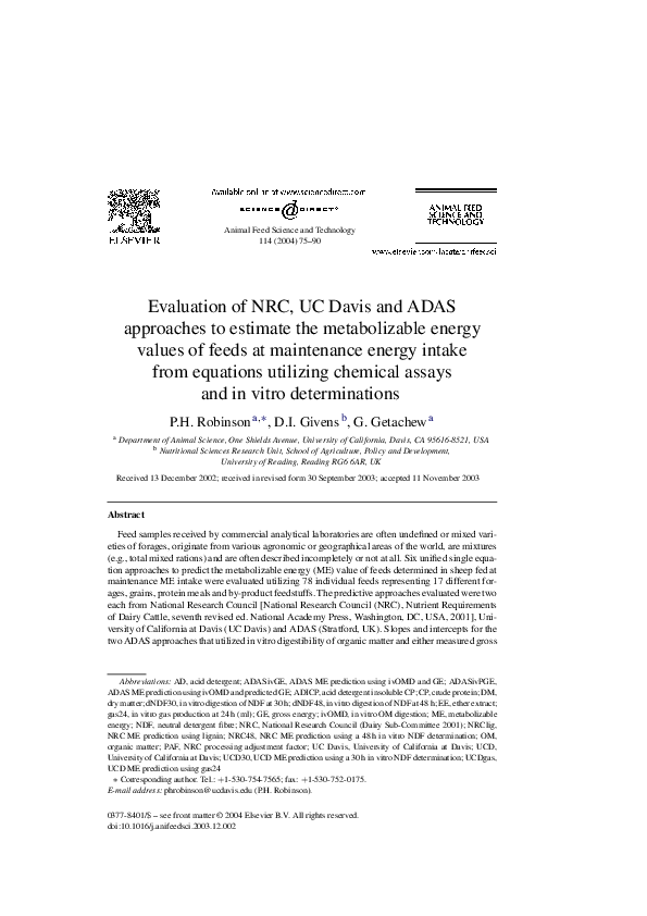 (PDF) Evaluation of NRC, UC Davis and ADAS approaches to estimate the ...