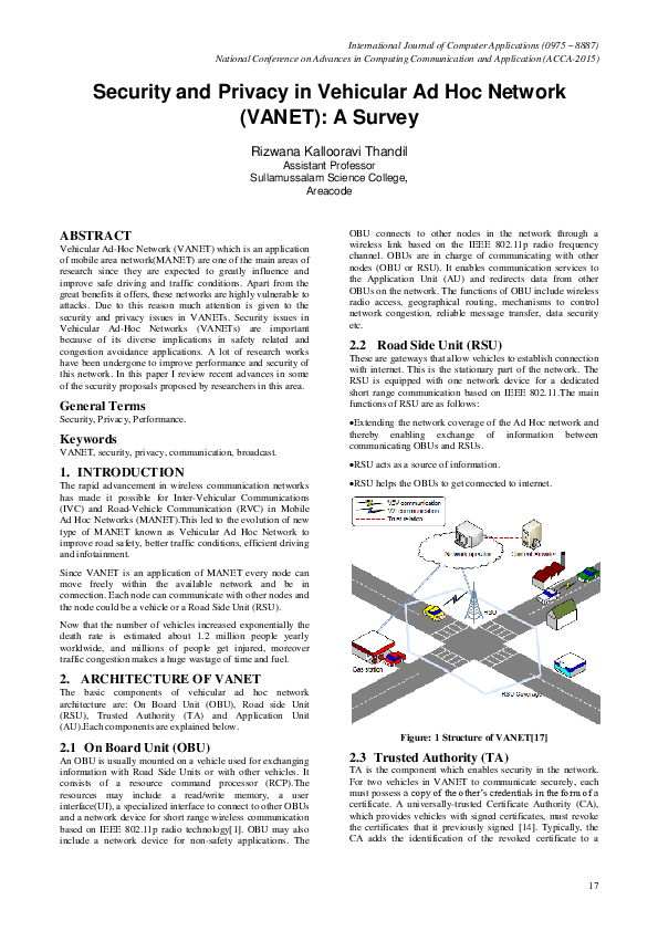 (PDF) Security and Privacy in Vehicular Ad Hoc Network (VANET): A Survey