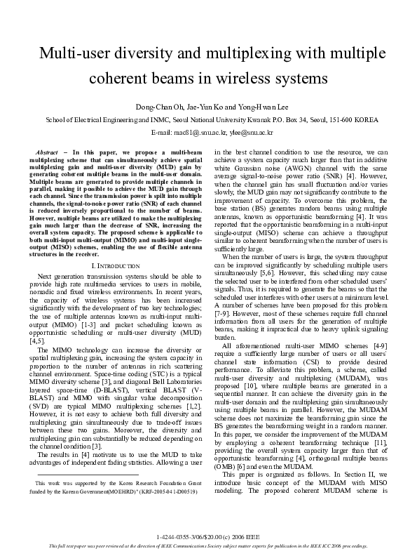 (PDF) Multi-user diversity and multiplexing with multiple coherent ...