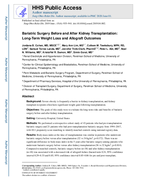 (PDF) Bariatric surgery before and after kidney transplantation: long ...