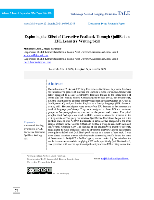 (PDF) Exploring the Effect of Corrective Feedback Through QuillBot on ...