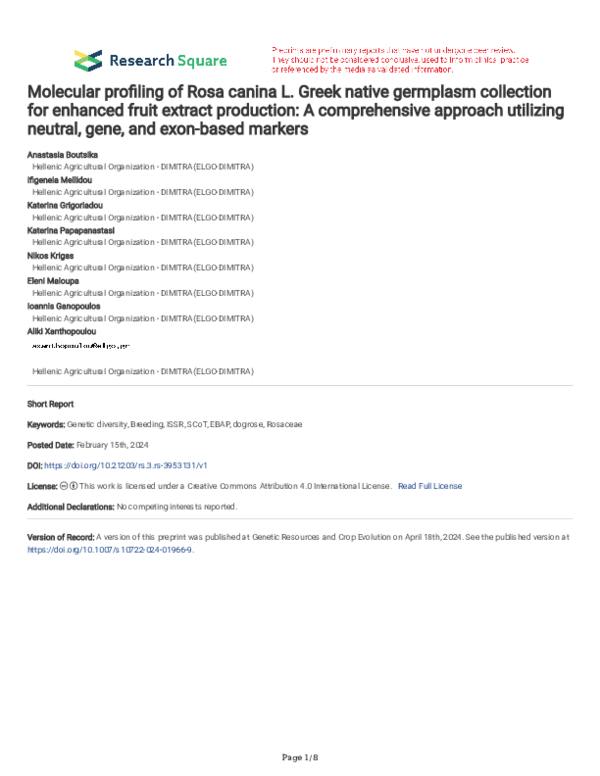 (PDF) Molecular profiling of Rosa canina L. Greek native germplasm ...