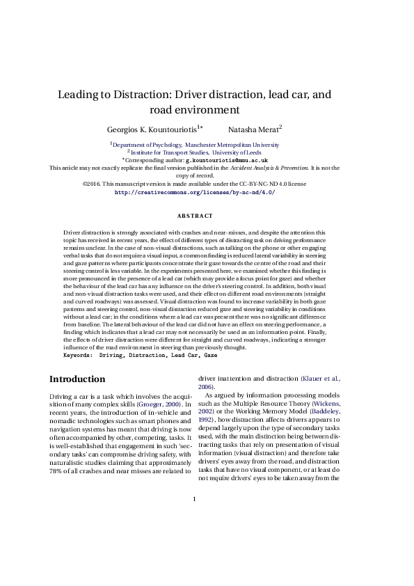 (PDF) Leading to distraction: Driver distraction, lead car, and road ...