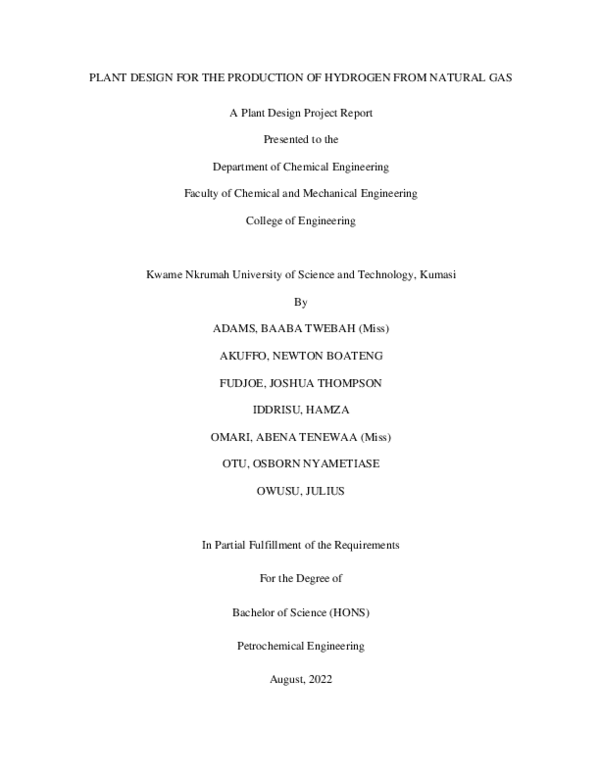 (PDF) Plant Design for the Production of Hydrogen from Natural Gas