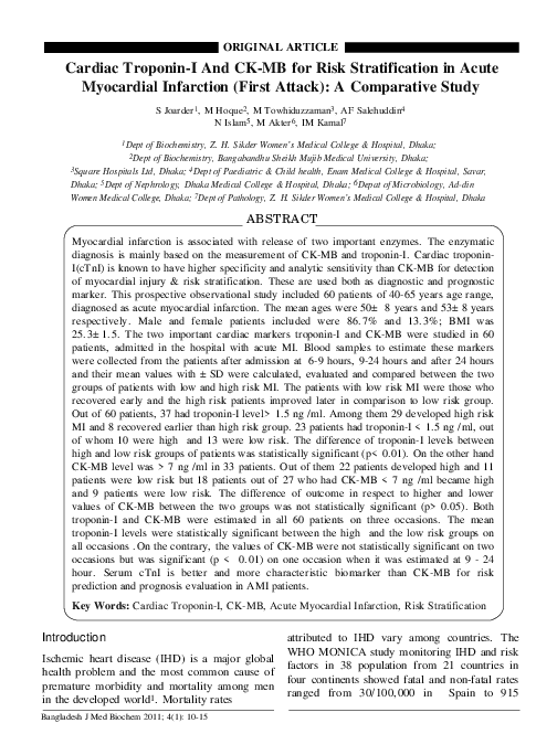 (PDF) Cardiac Troponin-I And CK-MB for Risk Stratification in Acute ...