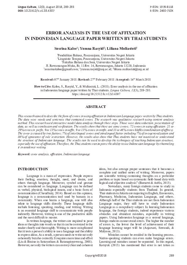 (PDF) Error Analysis on the Use of Affixation in Indonesian Paper ...