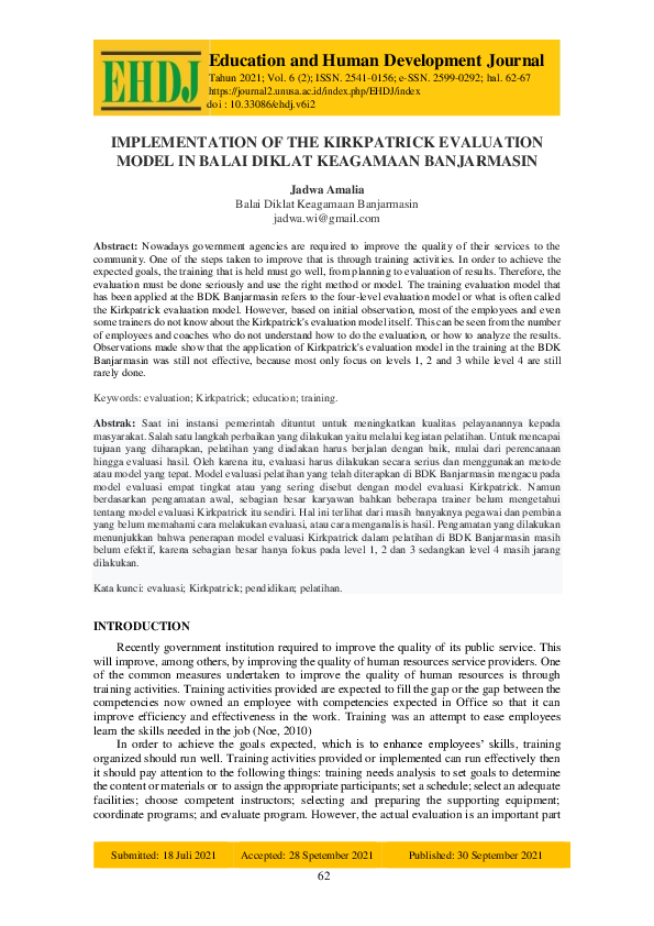 (PDF) Implementation of the Kirkpatrick Evaluation Model in Balai ...