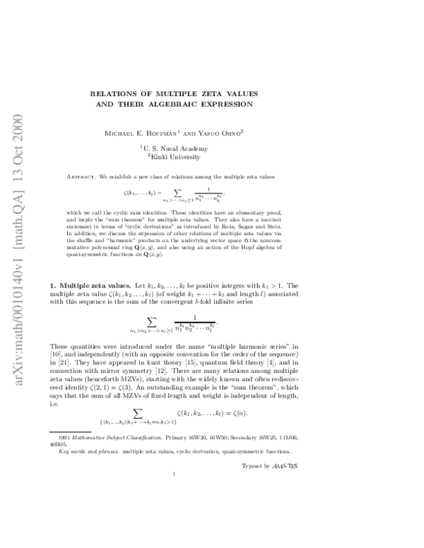 (PDF) Relations of multiple zeta values and their algebraic expression