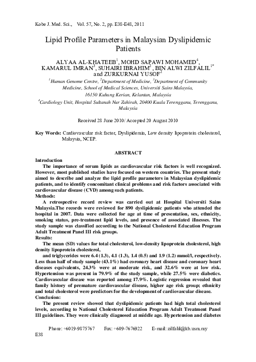 (PDF) Lipid Profile Parameters in Malaysian Dyslipidemic Patients