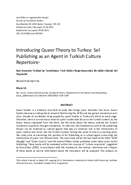 (PDF) Introducing Queer Theory to Turkey: Sel Publishing as an Agent in ...