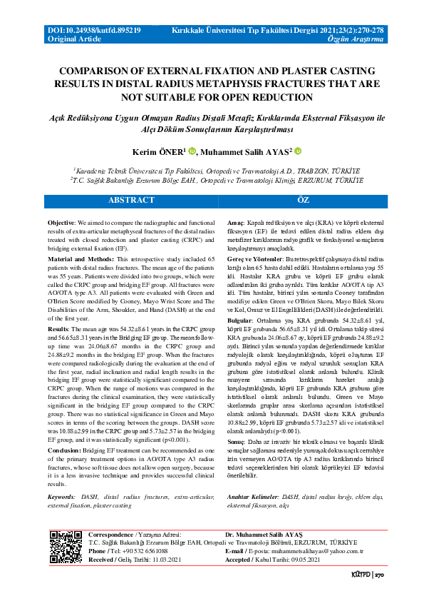(PDF) Comparison of External Fixation and Plaster Casting Results in ...