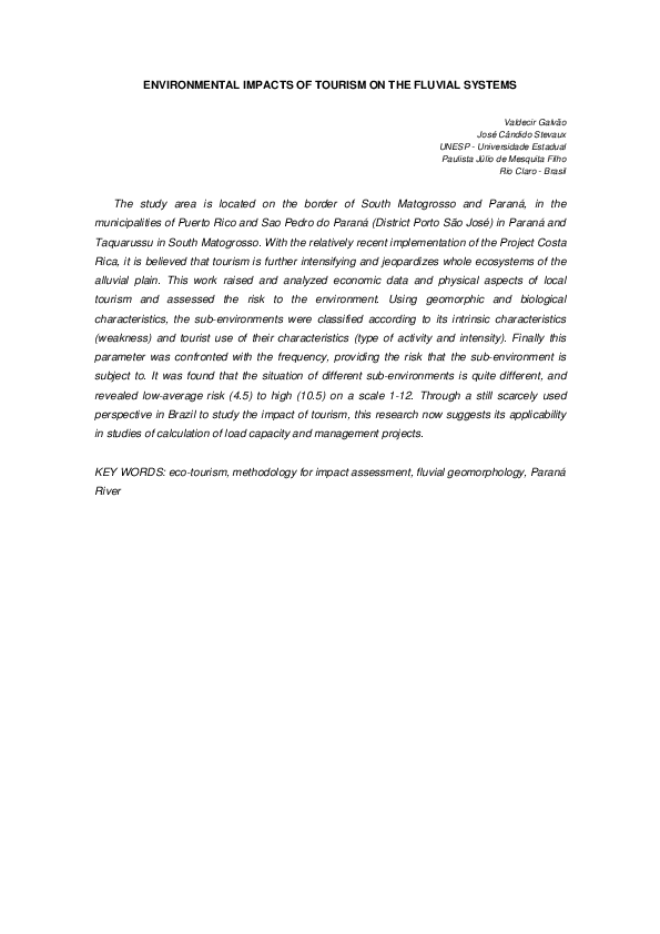 (PDF) Environmental impacts of tourism on the fluvial systems
