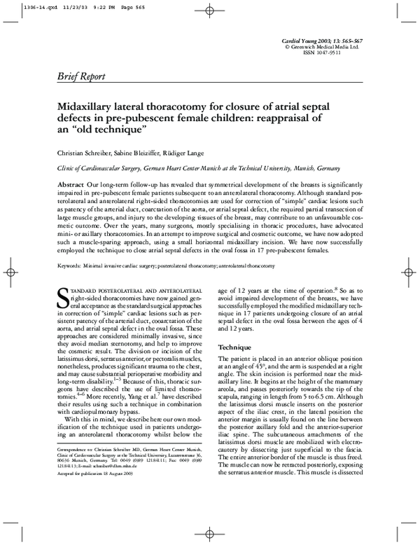 (PDF) Midaxillary lateral thoracotomy for closure of atrial septal ...