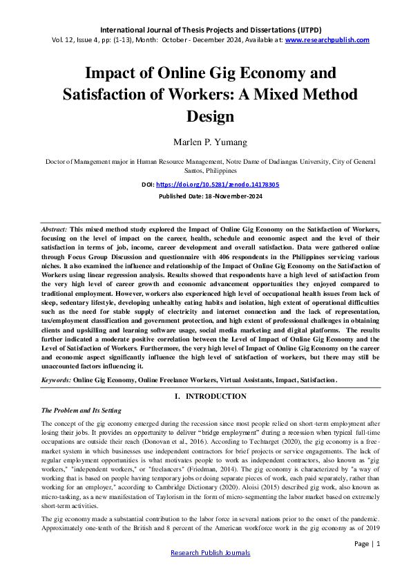 (PDF) Impact of Online Gig Economy and Satisfaction of Workers: A Mixed ...