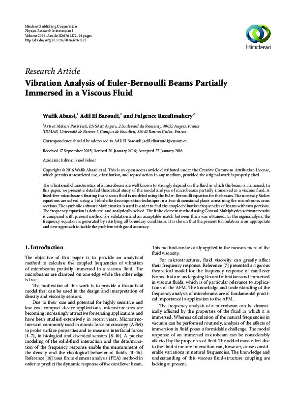 (PDF) Vibration Analysis of Euler-Bernoulli Beams Partially Immersed in ...