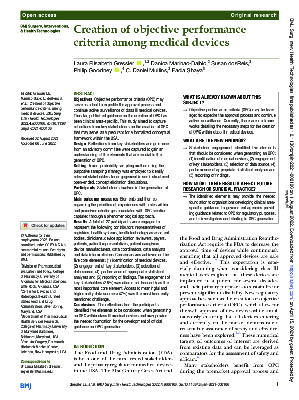 (PDF) Creation of objective performance criteria among medical devices
