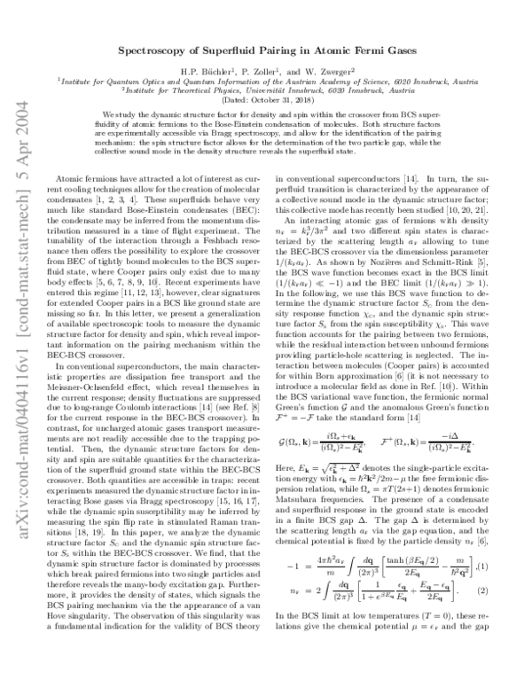 (PDF) Spectroscopy of Superfluid Pairing in Atomic Fermi Gases ...