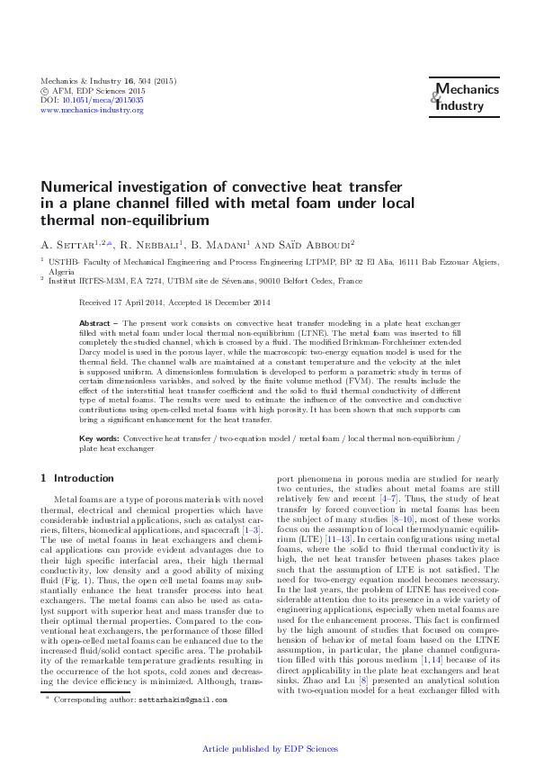 (PDF) Numerical investigation of convective heat transfer in a plane ...
