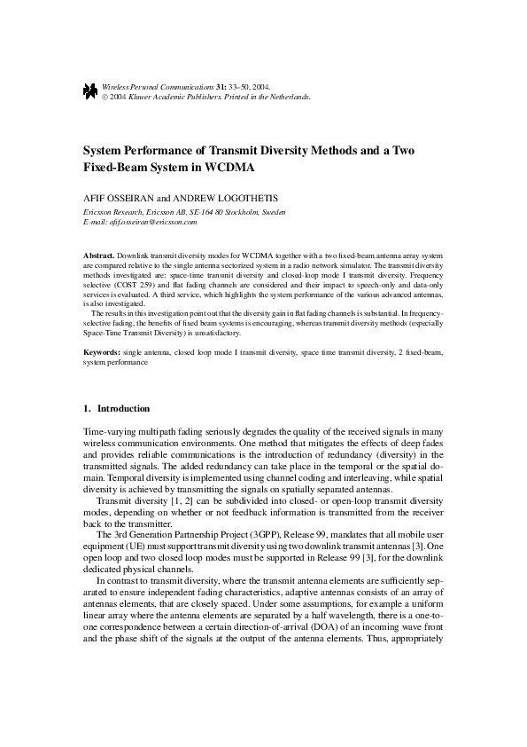 (PDF) System Performance of Transmit Diversity Methods and a Two Fixed ...