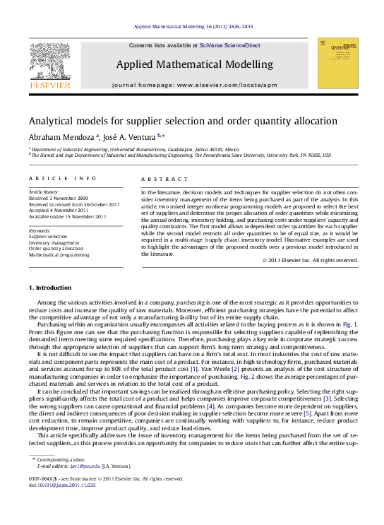 (PDF) Analytical models for supplier selection and order quantity ...