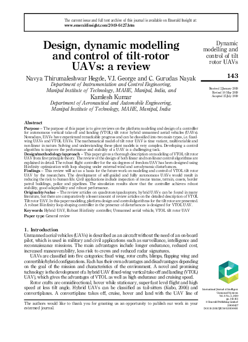 (PDF) Design, dynamic modelling and control of tilt-rotor UAVs: a review
