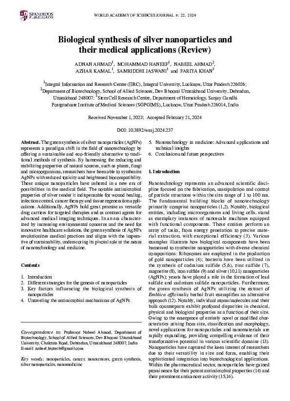 (PDF) Biological synthesis of silver nanoparticles and their medical ...