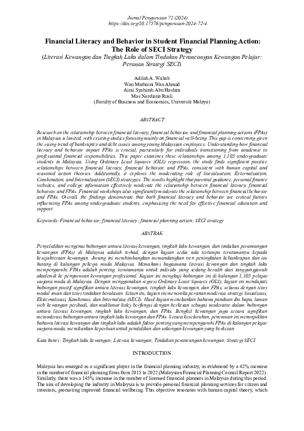 (PDF) Financial Literacy and Behavior in Student Financial Planning ...