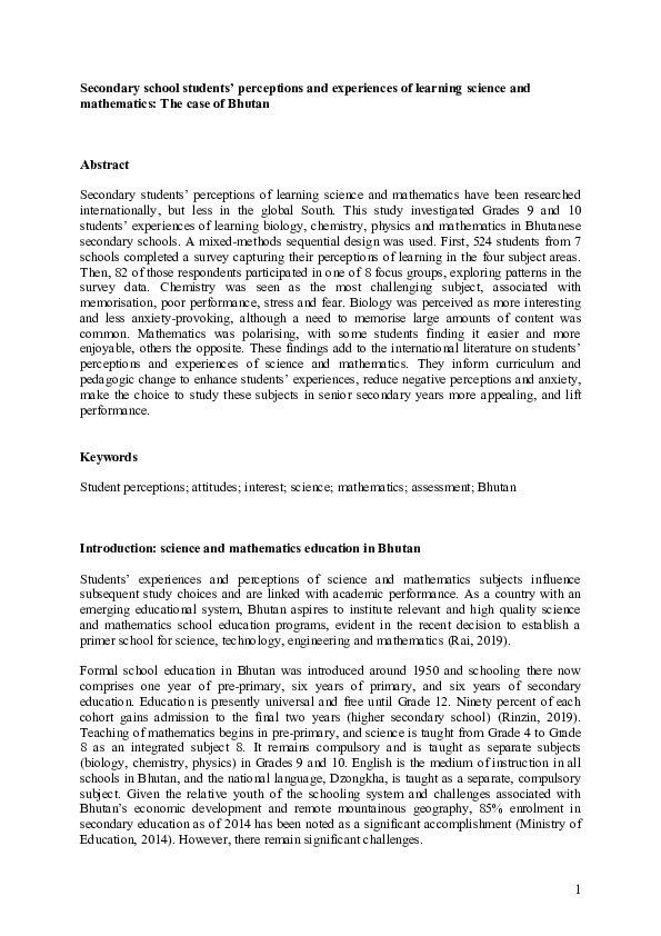 (PDF) Secondary school students’ perceptions and experiences of ...
