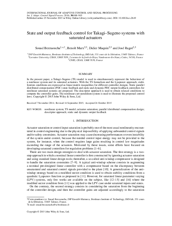 (PDF) State and output feedback control for Takagi–Sugeno systems with ...