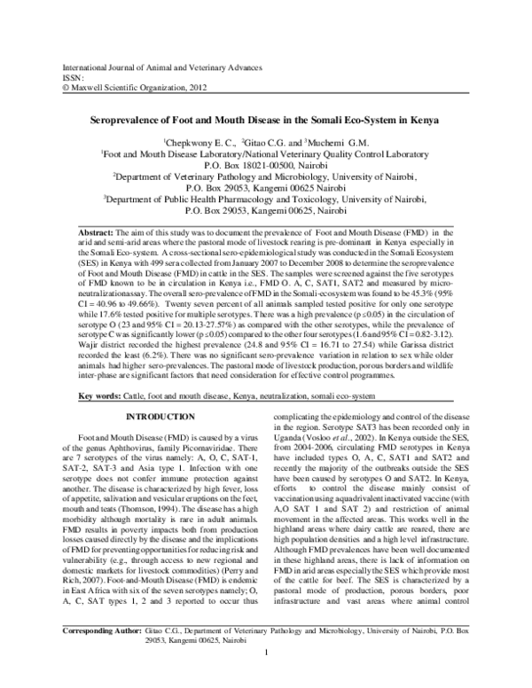 (PDF) Seroprevalence of Foot and Mouth Disease in the Somali Eco-System ...
