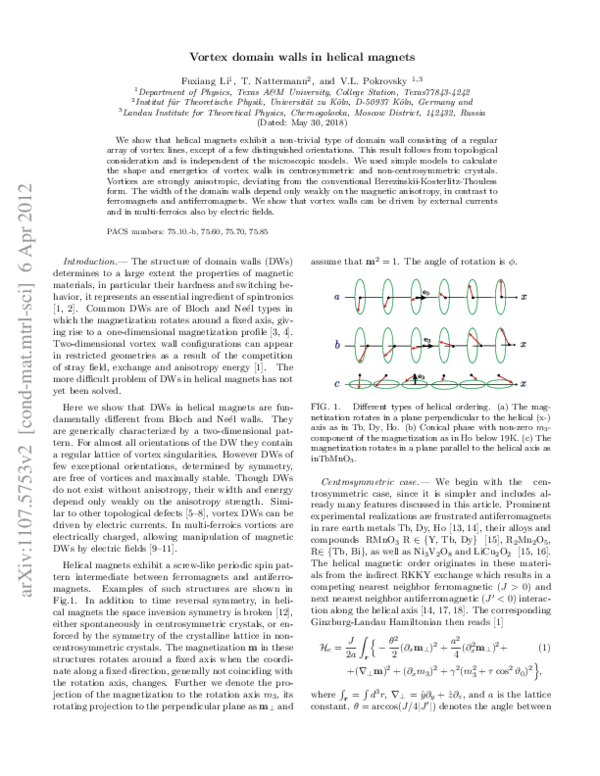 (PDF) Vortex Domain Walls in Helical Magnets