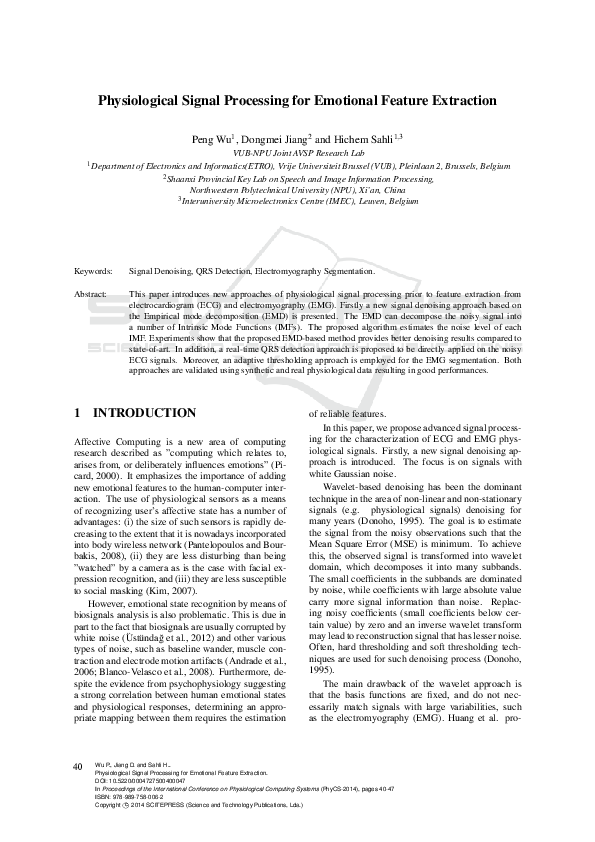 (PDF) Physiological Signal Processing for Emotional Feature Extraction