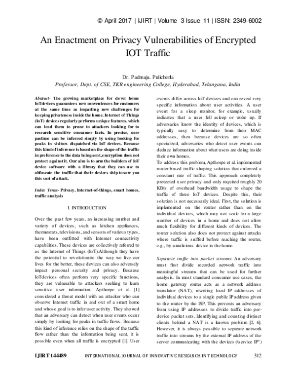 (PDF) An Enactment on Privacy Vulnerabilities of Encrypted IOT Traffic