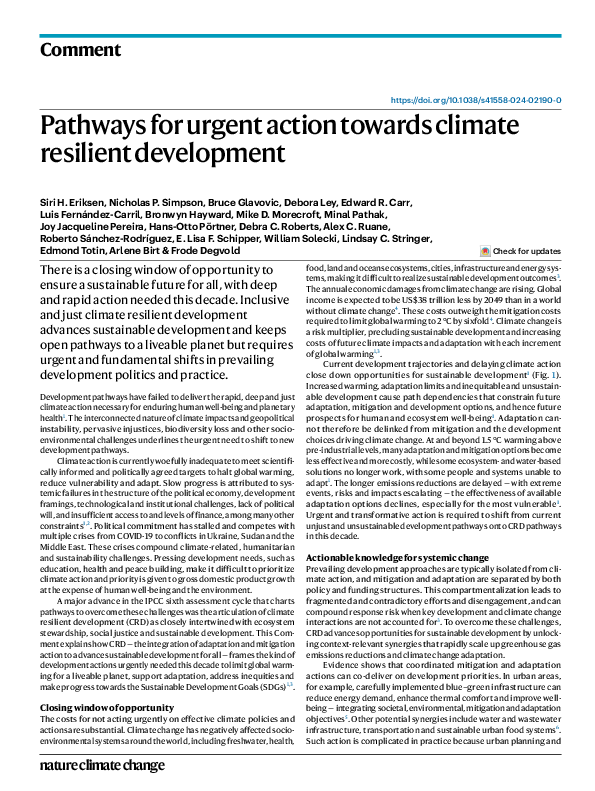 (PDF) Pathways for urgent action towards climate resilient development
