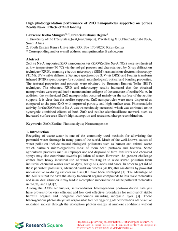 (PDF) High Photodegradation Performance of ZnO Nanoparticles Supported ...
