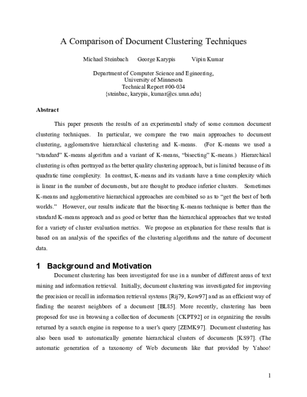 (PDF) A Comparison of Document Clustering Techniques