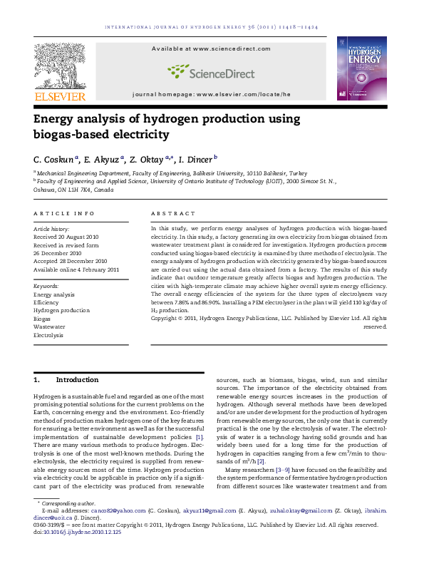 (PDF) Energy analysis of hydrogen production using biogas-based electricity