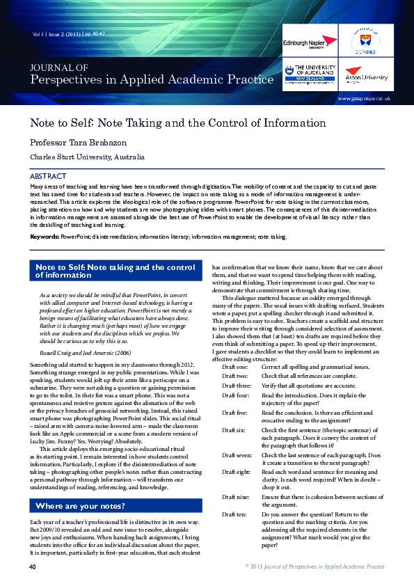 (PDF) Note to Self: Note Taking and the Control of Information