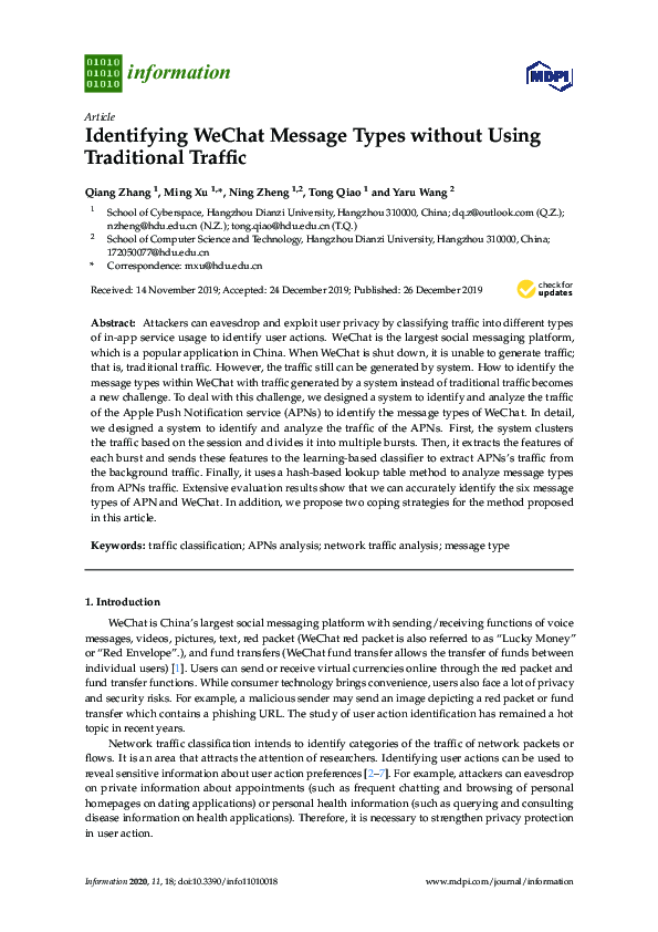 (PDF) Identifying WeChat Message Types without Using Traditional Traffic