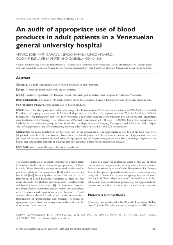 (PDF) An audit of appropriate use of blood products in adult patients ...