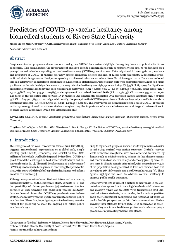 (PDF) Predictors of COVID-19 vaccine hesitancy among biomedical ...