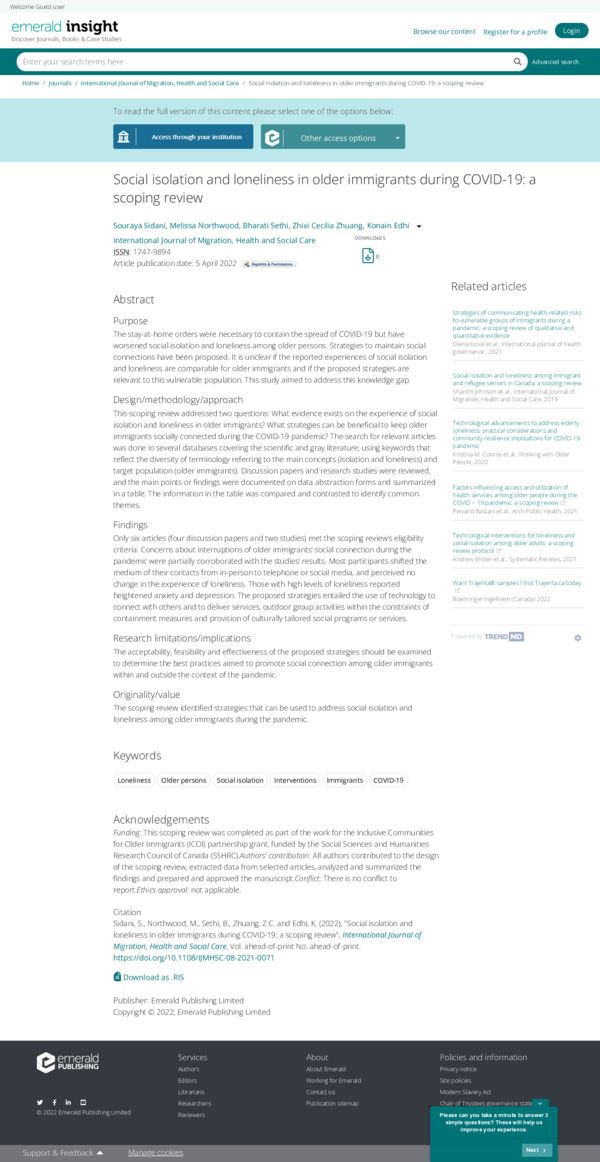 (PDF) Social isolation and loneliness in older immigrants during COVID ...