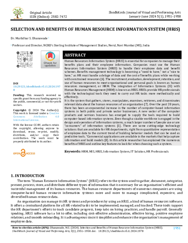 (PDF) SELECTION AND BENEFITS OF HUMAN RESOURCE INFORMATION SYSTEM (HRIS