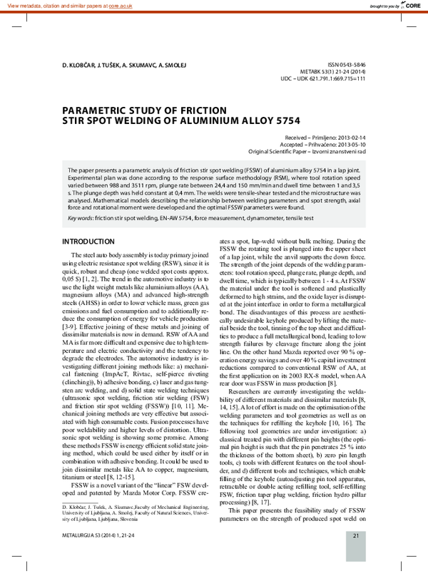 (PDF) Parametric study of friction stir spot welding of aluminium alloy ...
