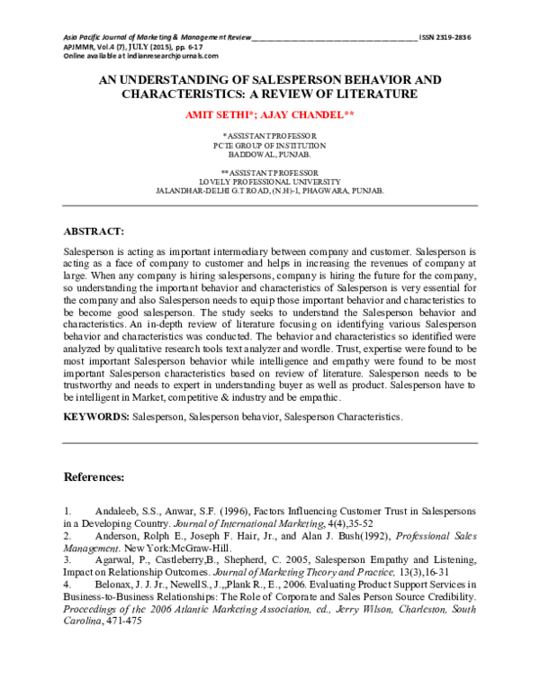 (PDF) An Understanding of Salesperson Behavior and Characteristics: A ...