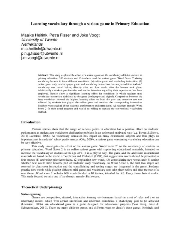 (PDF) Learning vocabulary through a serious game in Primary Education