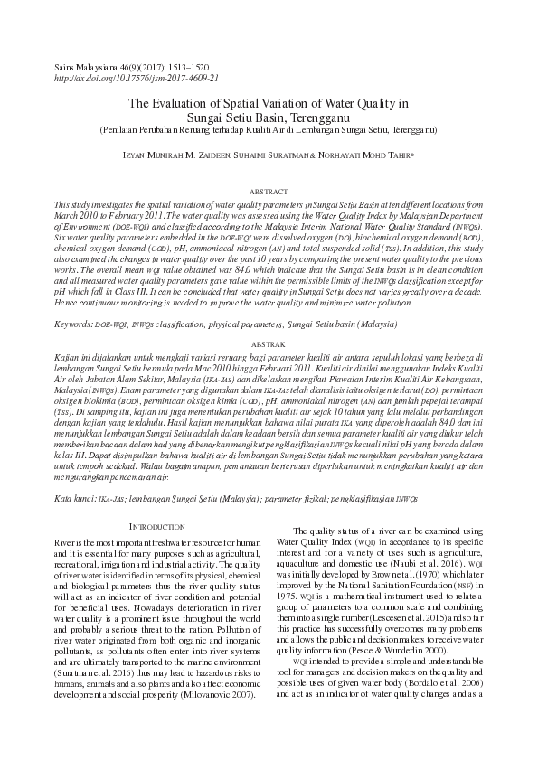 (PDF) The Evaluation of Spatial Variation of Water Quality in Setiu ...