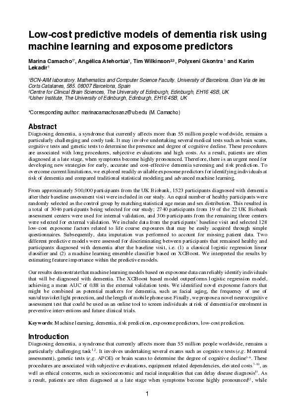 (PDF) Low-cost predictive models of dementia risk using machine ...